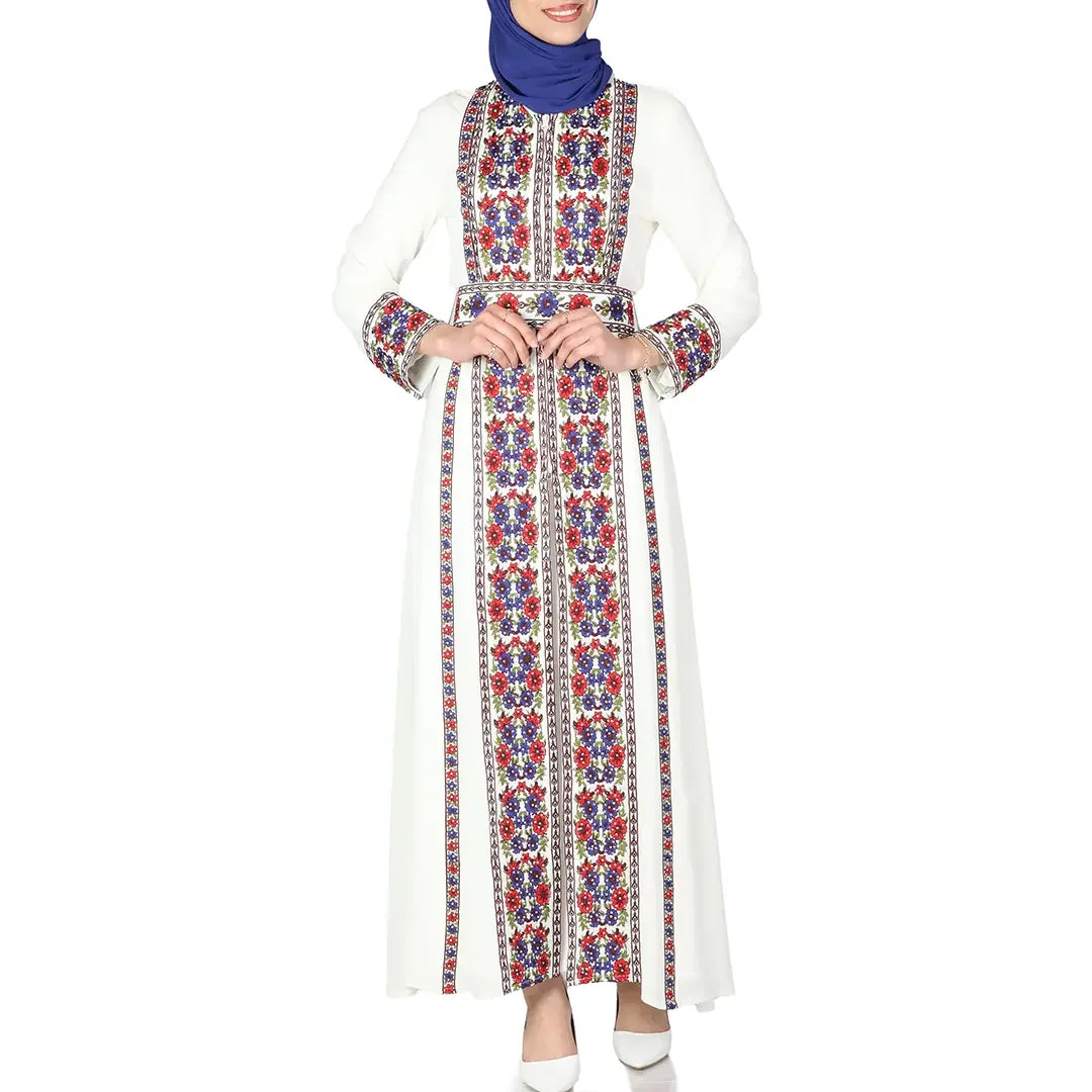 Palestinian Elegance embroidered chiffon kaftan abaya in white with colorful floral embroidery and long sleeves