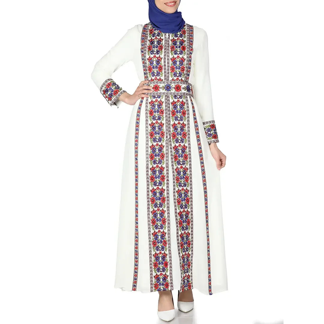 White embroidered chiffon kaftan abaya with colorful traditional floral patterns by Palestinian Eleganc