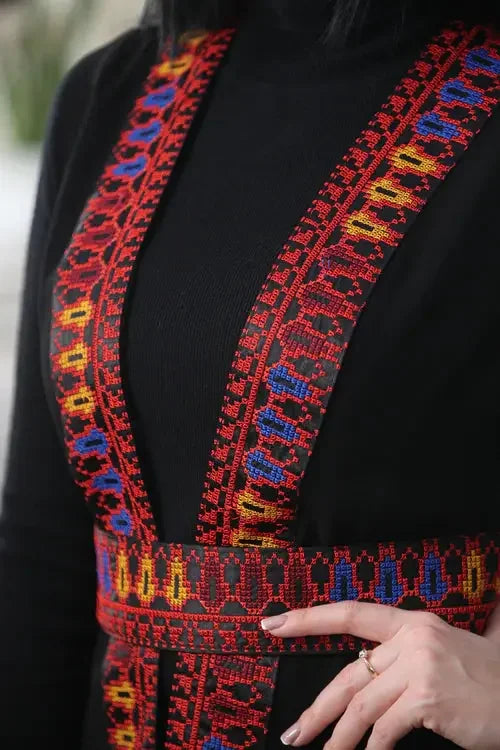 Artistic Flair: Colorful Embroidered Chiffon Layer Palestinian Elegance