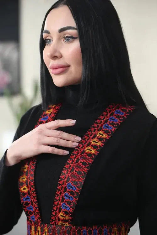 Artistic Flair: Colorful Embroidered Chiffon Layer Palestinian Elegance