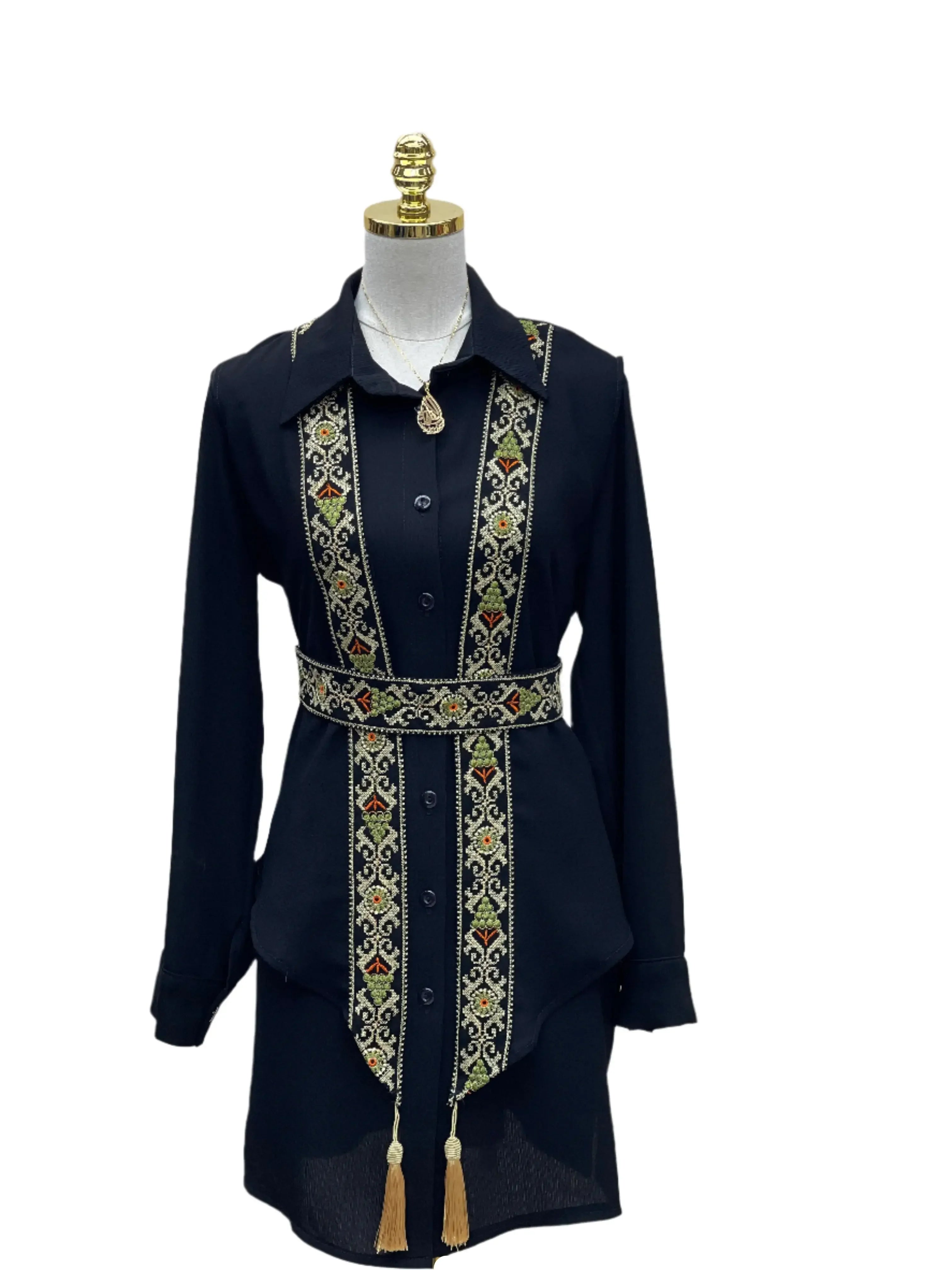 Timeless Charm: Embroidered Chiffon Vest with Tassel Details Palestinian Elegance