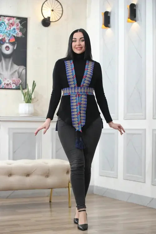Dynamic Style: Colorful Chiffon Vest with Embroidery Palestinian Elegance