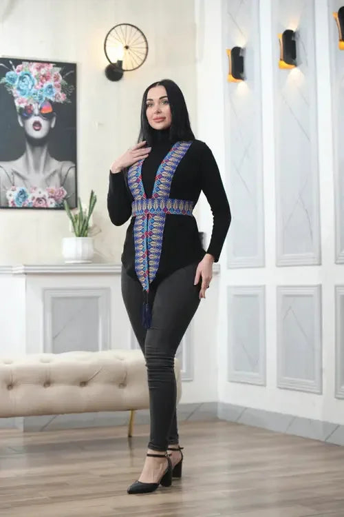 Dynamic Style: Colorful Chiffon Vest with Embroidery Palestinian Elegance