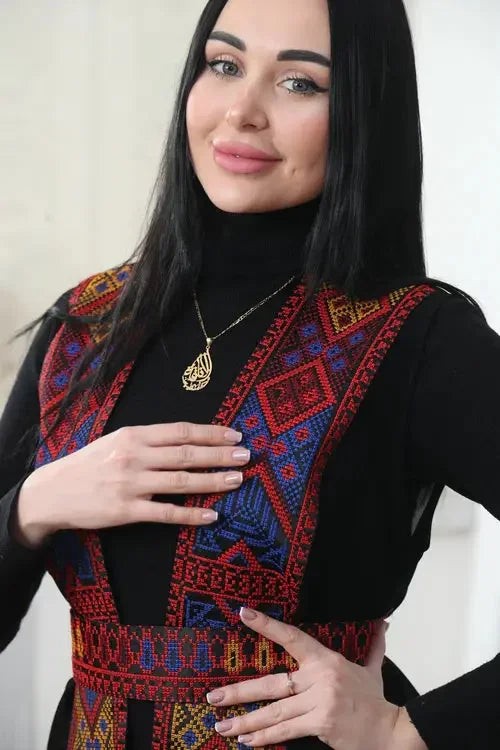 Radiant Hues: Chiffon Vest with Colorful Embroidery Palestinian Elegance