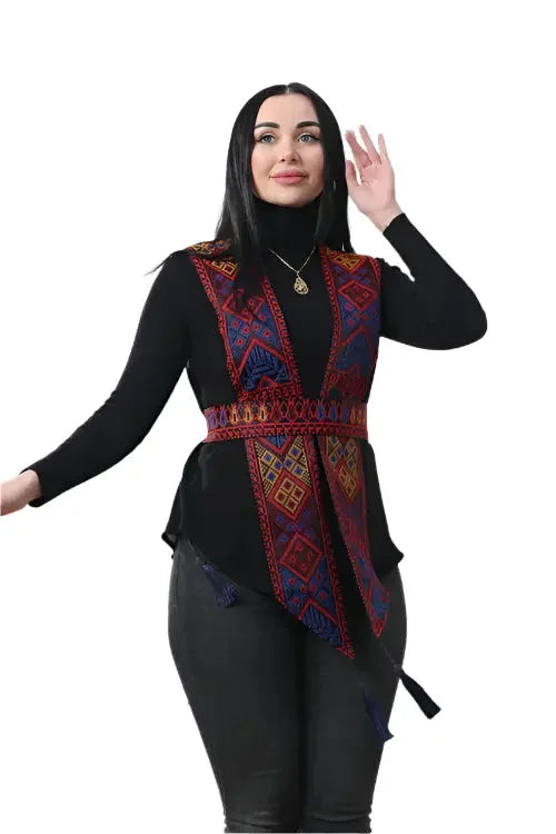 Radiant Hues: Chiffon Vest with Colorful Embroidery Palestinian Elegance