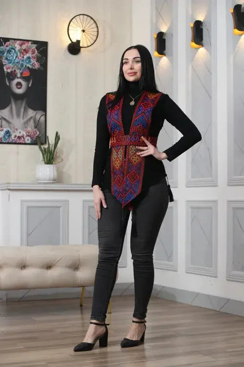 Radiant Hues: Chiffon Vest with Colorful Embroidery Palestinian Elegance