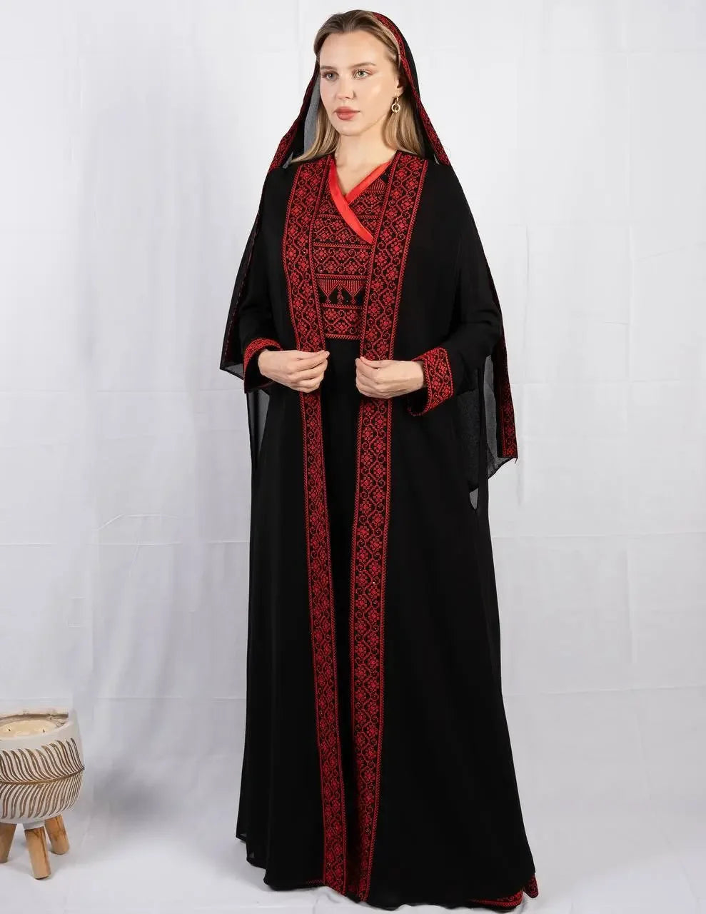 Palestinian Elegance embroidered four piece kaftan set in black with red detailed embroidery and matching headscarf