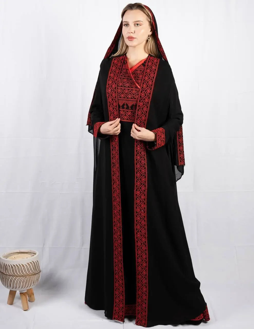 Palestinian Elegance embroidered four piece kaftan set in black with red traditional embroidery