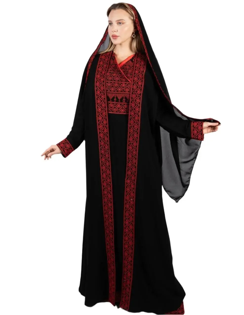 Palestinian Elegance embroidered four piece kaftan set in black with red traditional patterns and hood