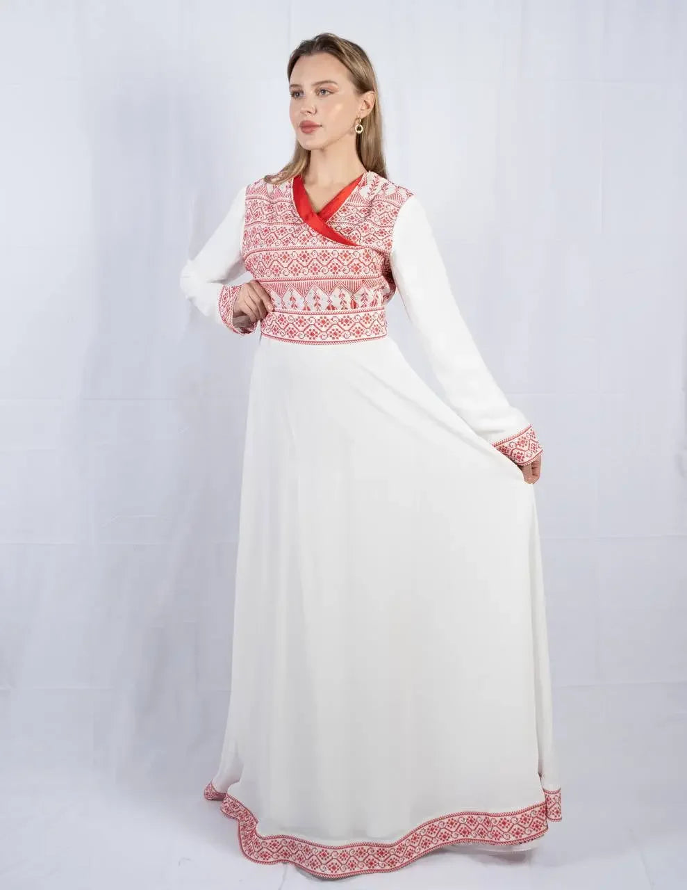 Palestinian Elegance embroidered four piece kaftan set in white with red intricate embroidery on bodice and hem