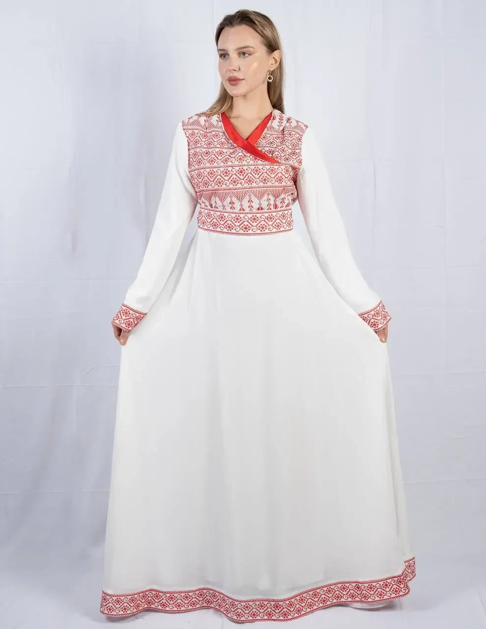 Palestinian Elegance embroidered four piece kaftan set in white with red traditional embroidery details