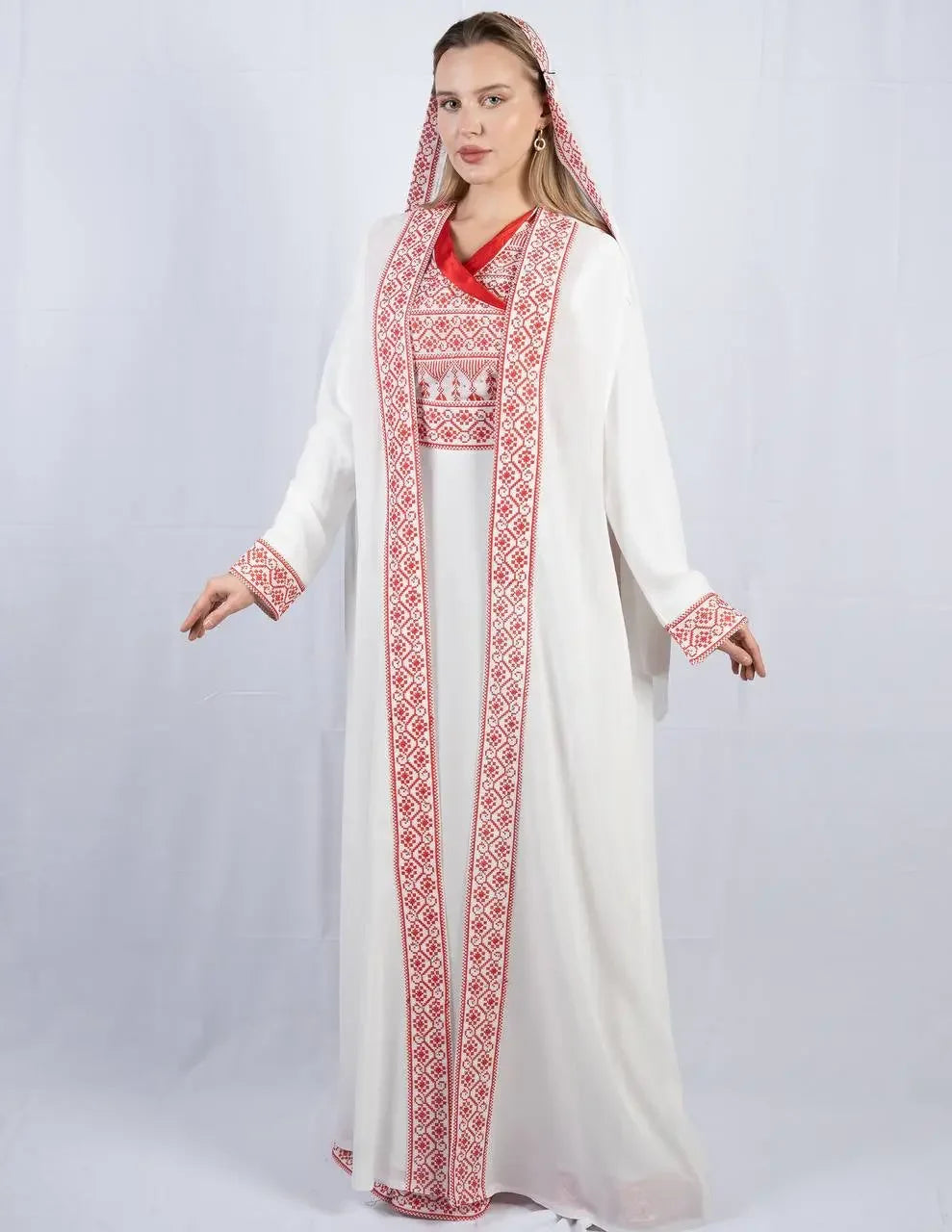 Palestinian Elegance embroidered four piece kaftan set in white with red traditional embroidery