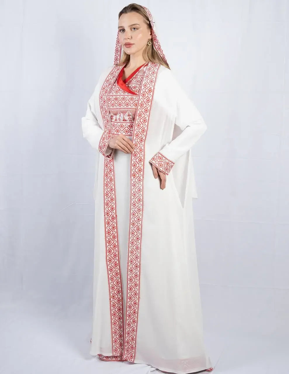Palestinian Elegance embroidered four piece kaftan set in white with red traditional embroidery and matching hood