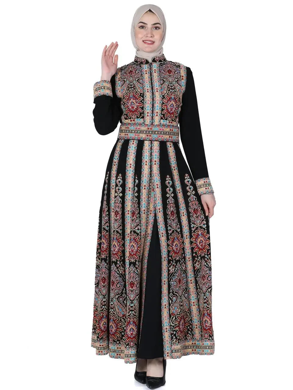 Palestinian Elegance embroidered kaftan dress with long sleeves and intricate multicolor patterns