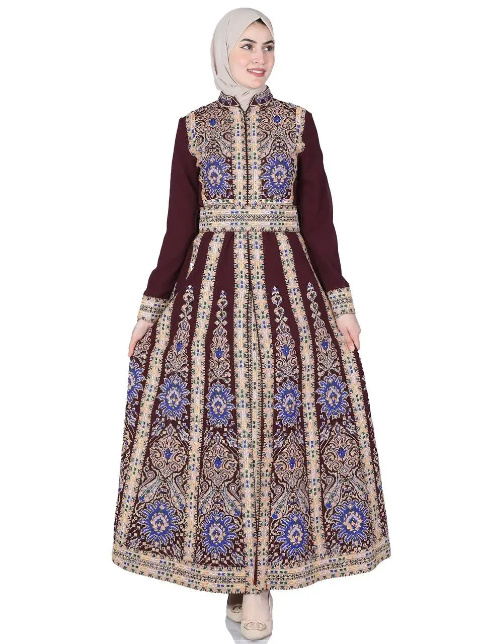 Palestinian Elegance embroidered kaftan dress in burgundy with intricate blue and beige patterns and long sleeves