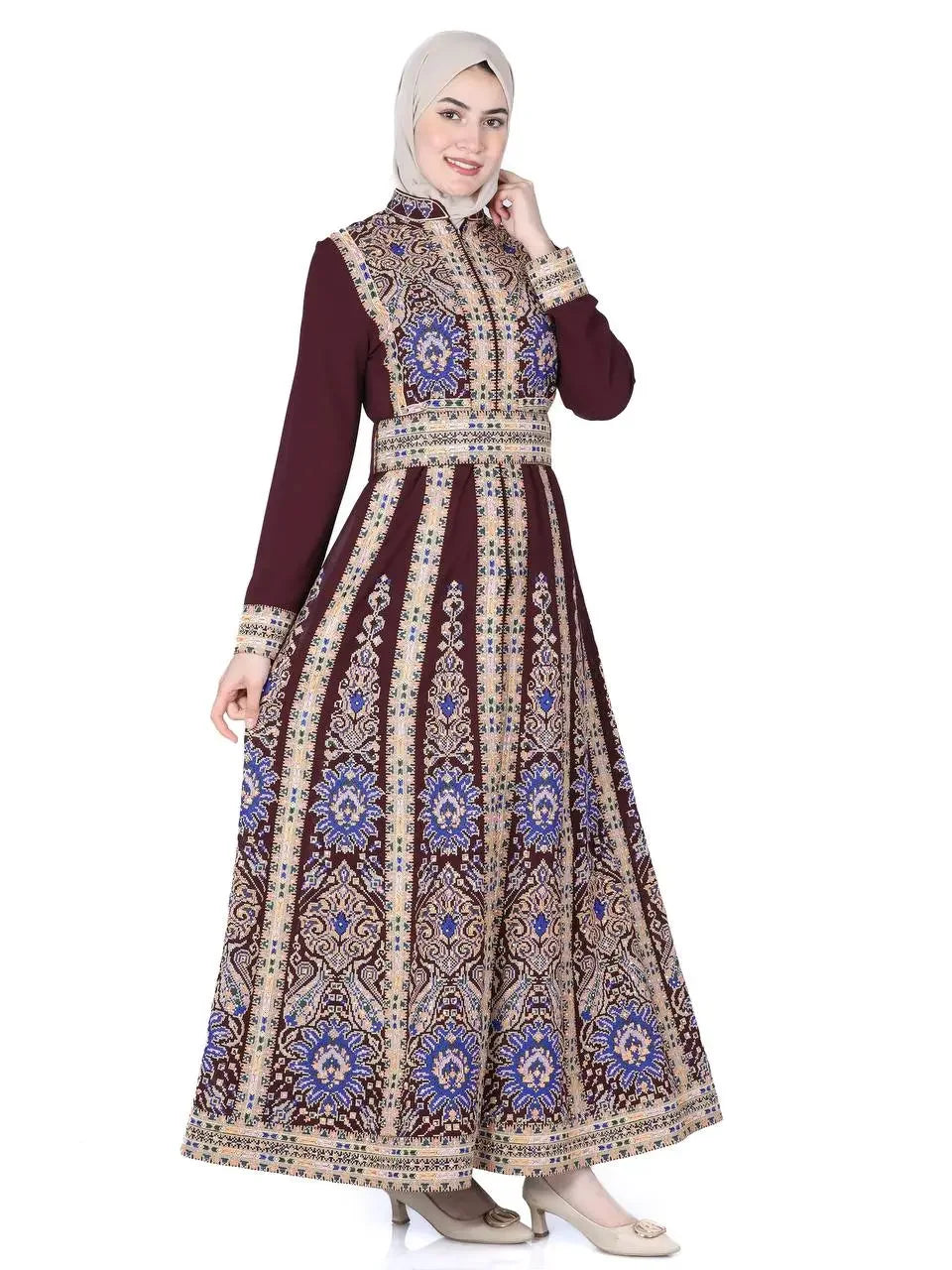 Palestinian Elegance embroidered kaftan dress with intricate blue and beige patterns on maroon fabric