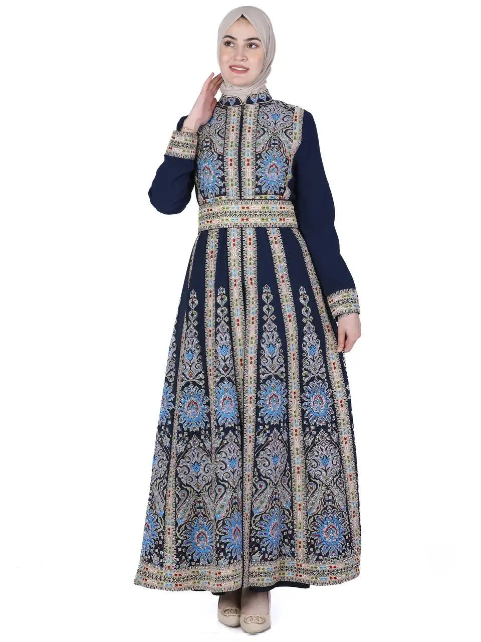 Palestinian Elegance embroidered kaftan dress in navy blue with intricate traditional patterns and long sleeves