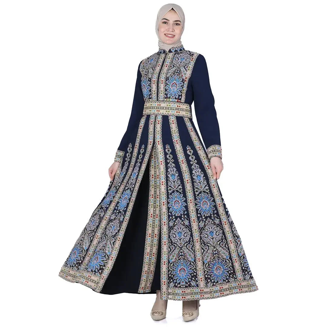 Palestinian Elegance embroidered kaftan dress in navy with intricate blue and gold floral patterns