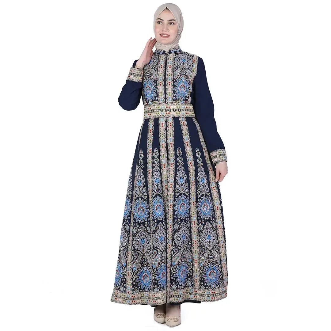 Palestinian Elegance embroidered kaftan dress with intricate blue and beige floral patterns on navy fabric