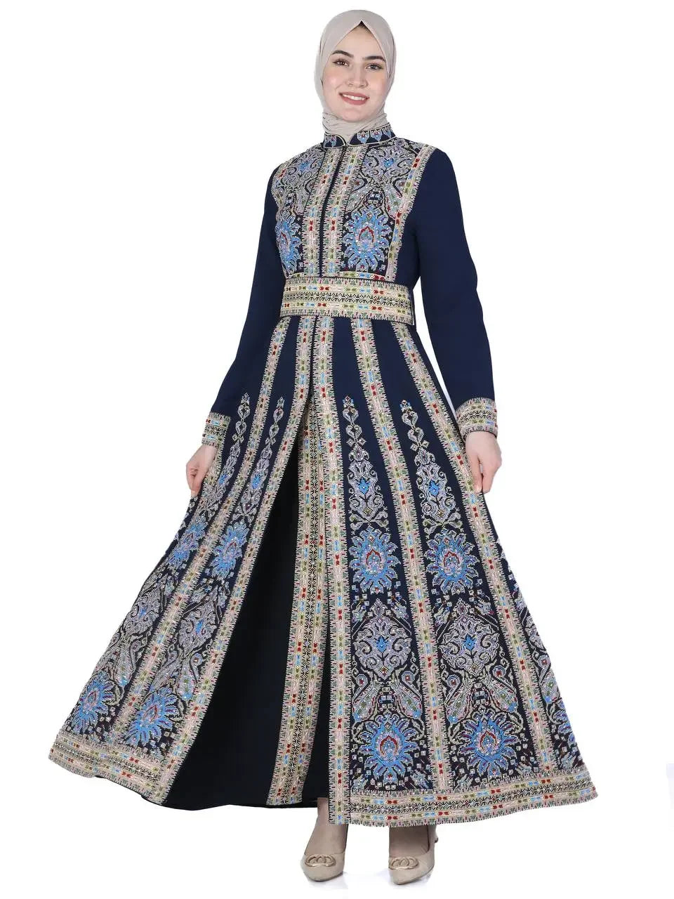 Palestinian Elegance embroidered kaftan dress with intricate blue and beige floral patterns and long sleeves