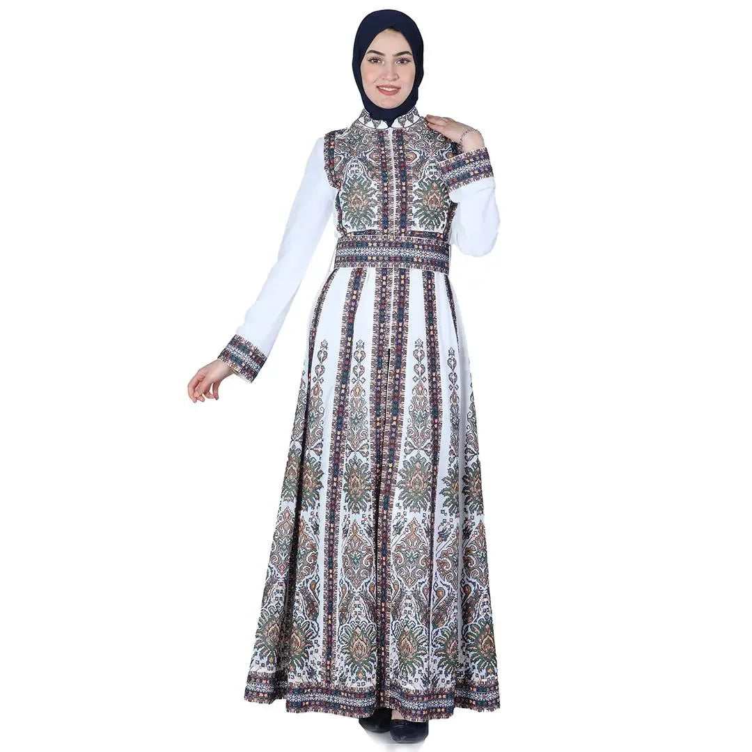 Palestinian Elegance embroidered kaftan dress with intricate floral patterns and long sleeves