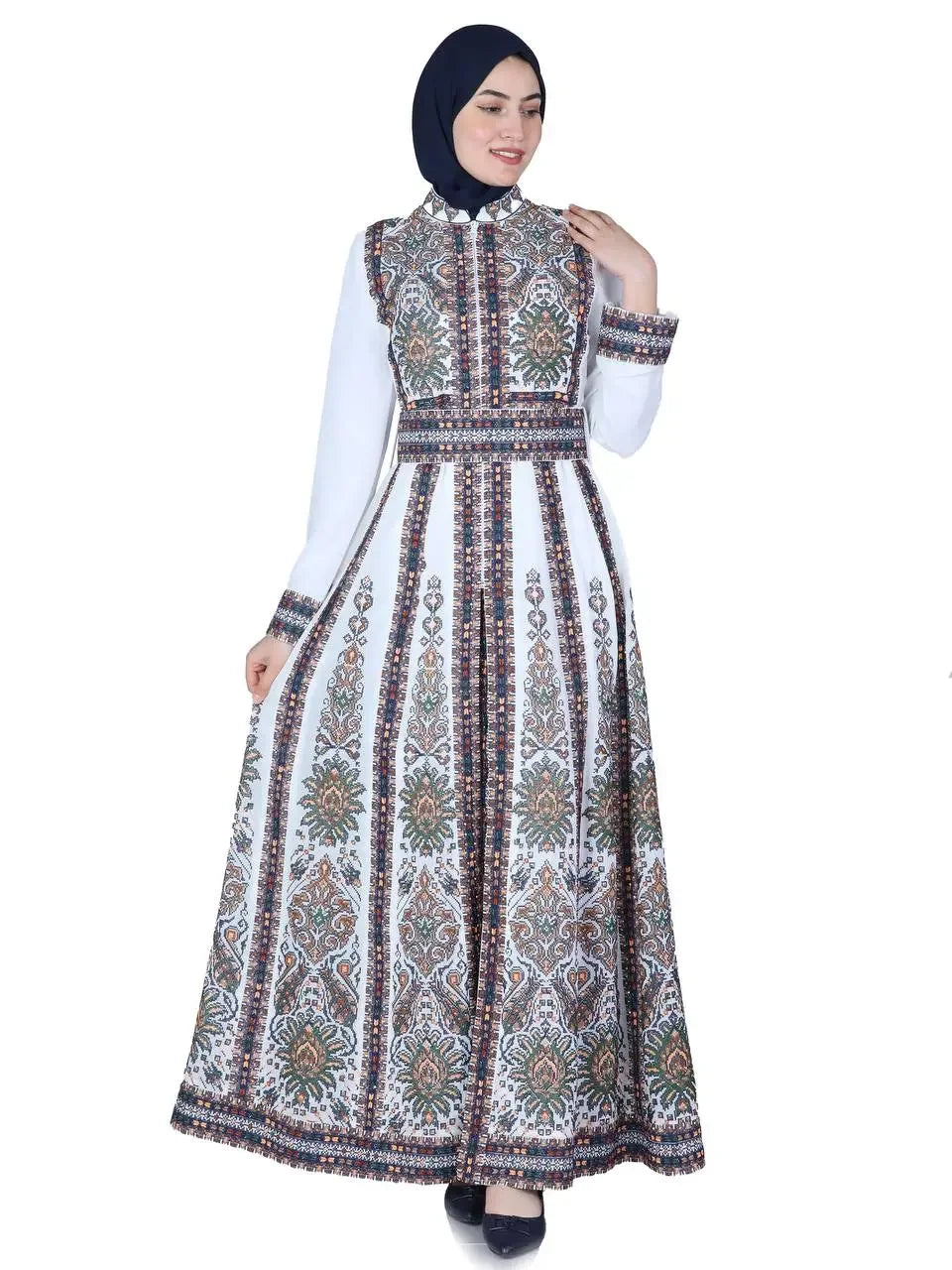 Palestinian Elegance embroidered kaftan dress with intricate traditional patterns and long sleeves