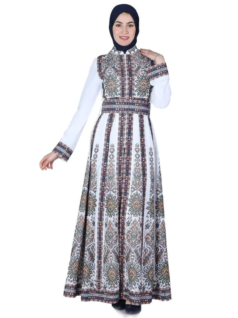 Palestinian Elegance embroidered kaftan dress with intricate patterns and long sleeves in white