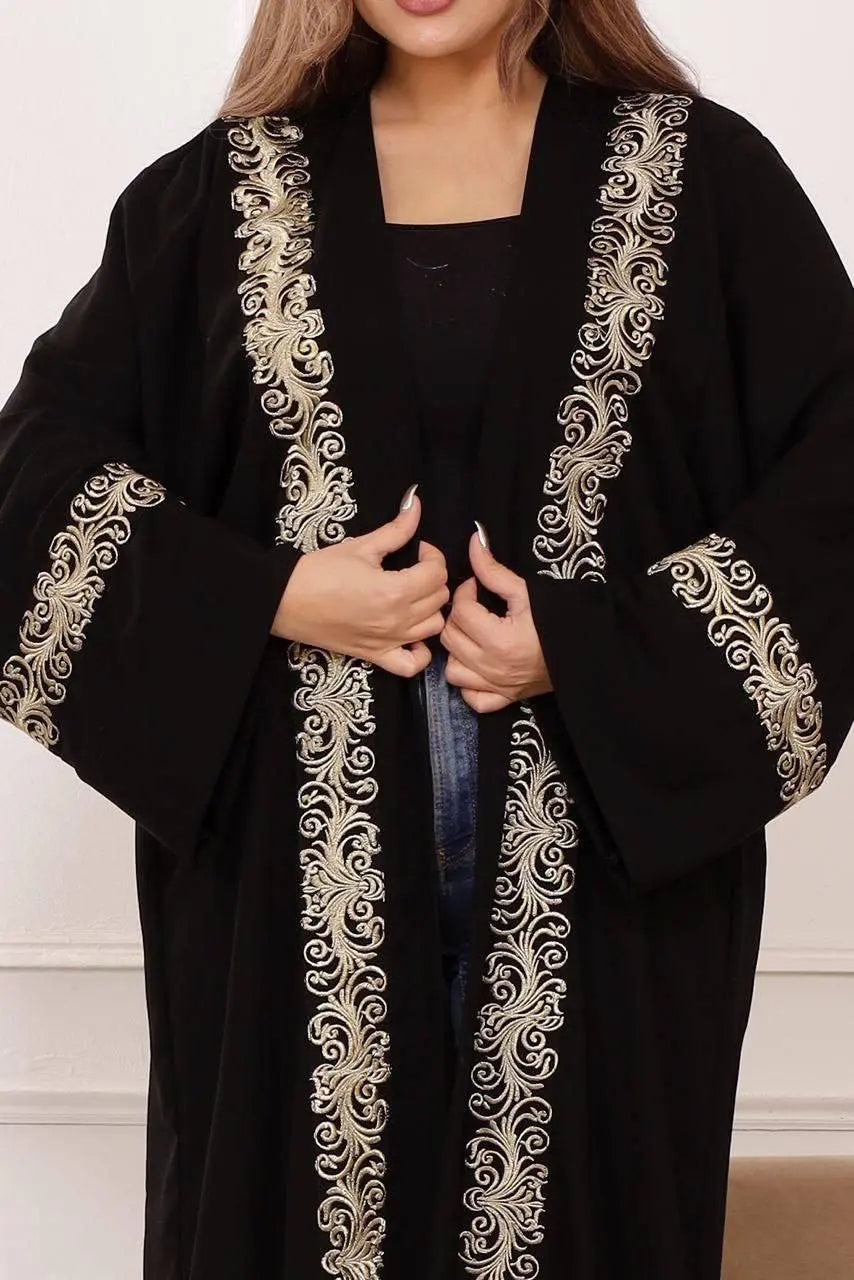 Black embroidered kasab cardigan with intricate white embroidery on sleeves and front edges