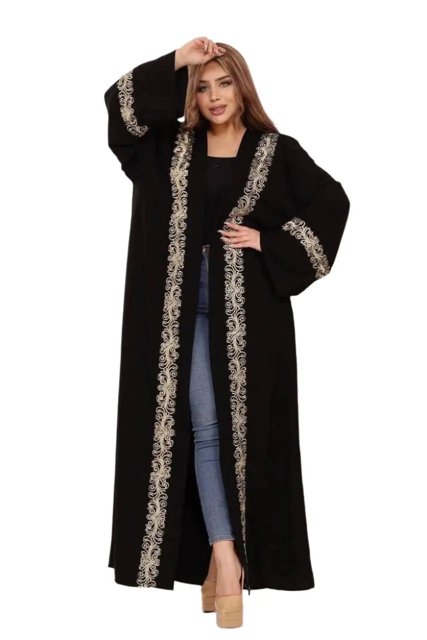 Palestinian Elegance black embroidered kasab cardigan with intricate gold embroidery on sleeves and front