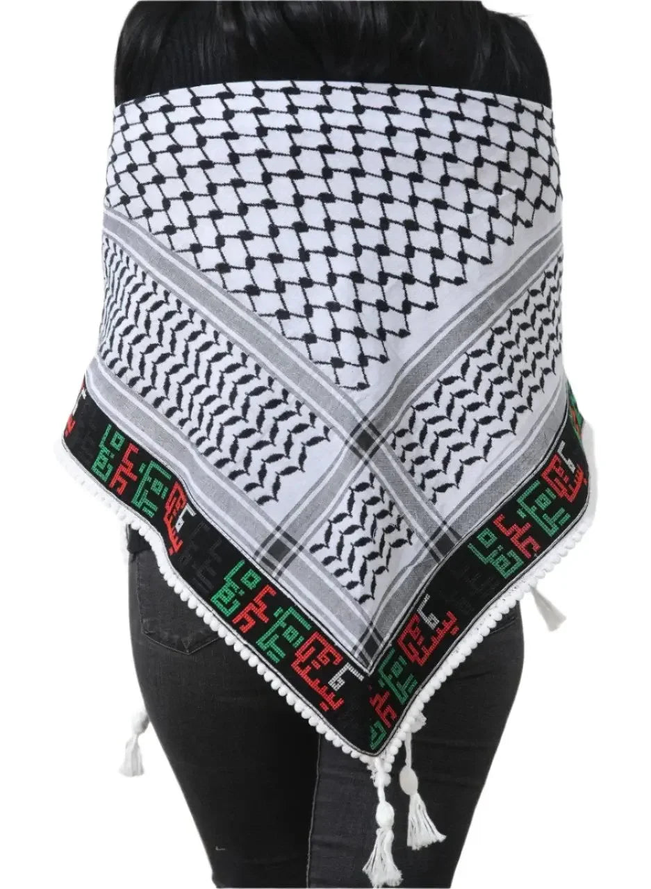 Palestinian Elegance embroidered kuffiyeh scarf in black and white with traditional red and green detailing