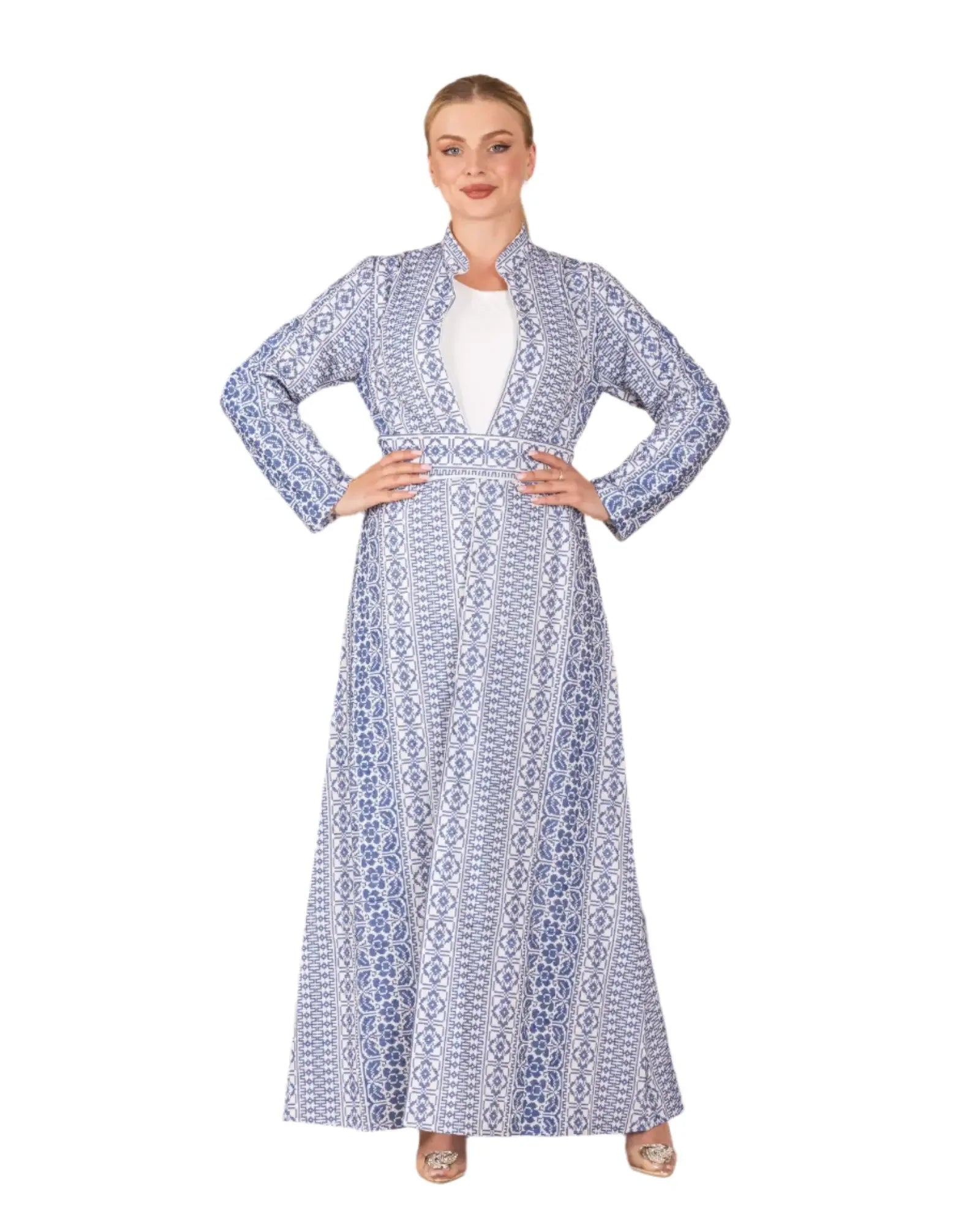 Palestinian Elegance embroidered long cardigan in blue and white geometric patterns worn by model