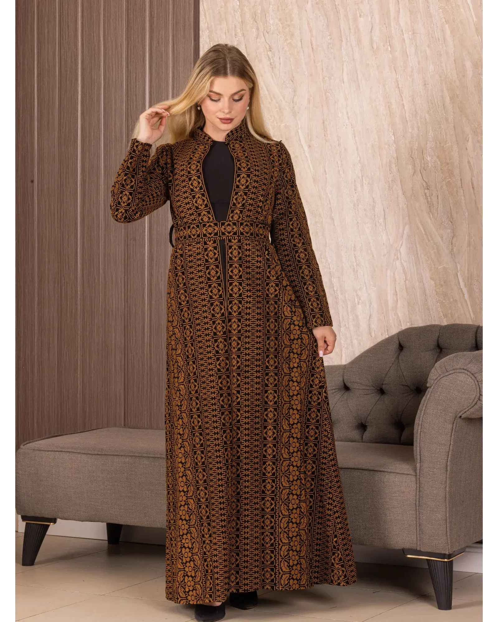 Palestinian Elegance embroidered long cardigan with intricate traditional patterns on a full-length design