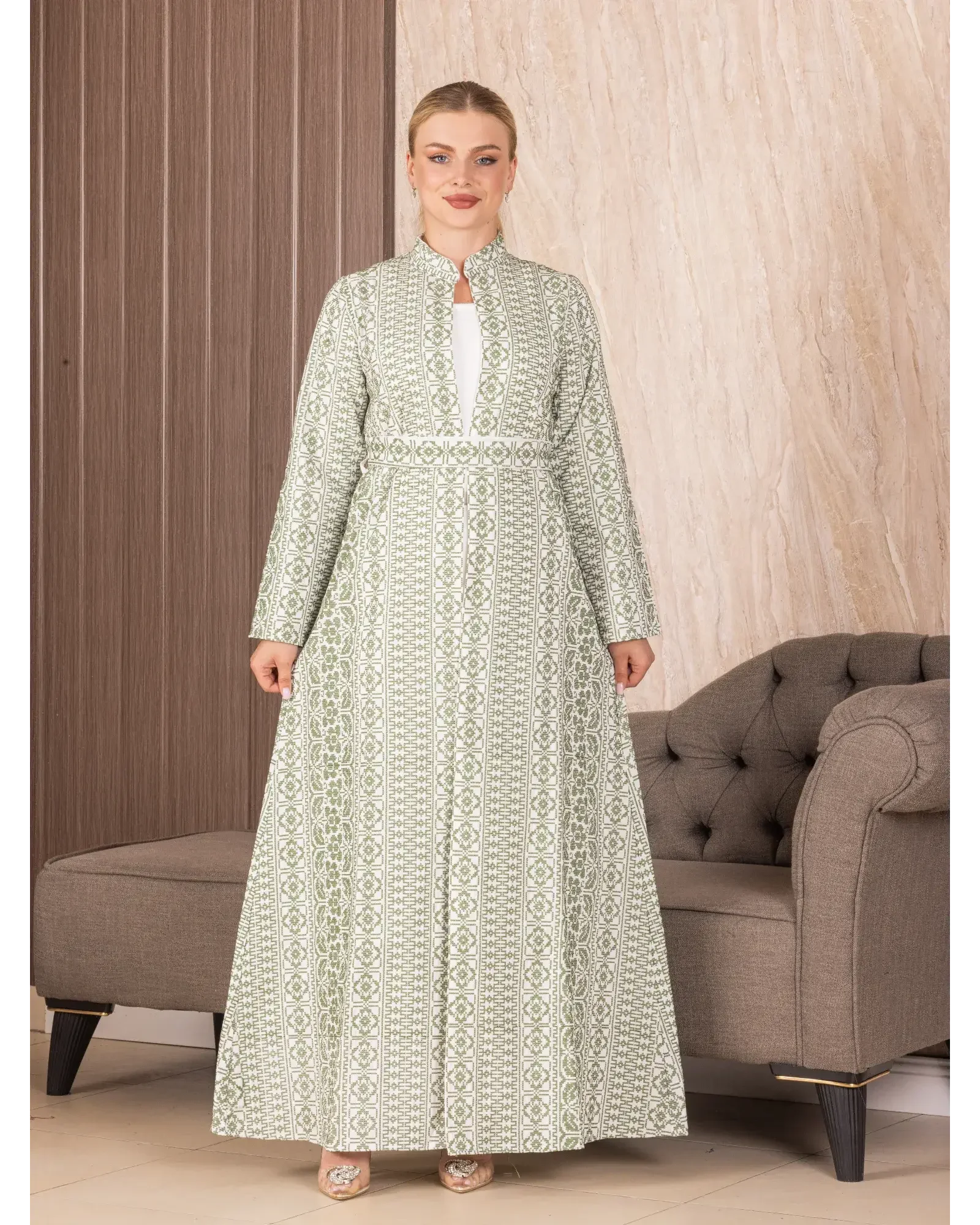 Palestinian Elegance embroidered long cardigan with full sleeves and intricate patterns in light green