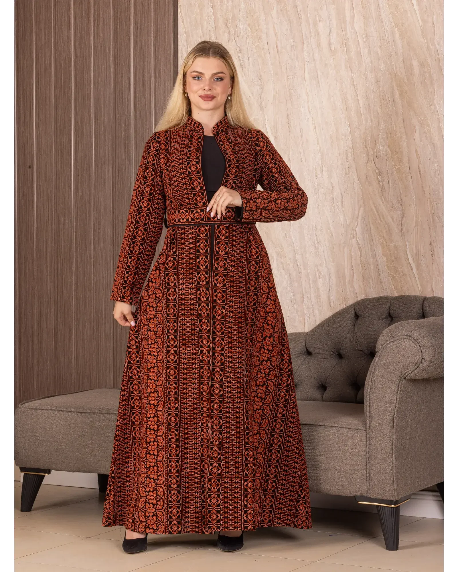 Palestinian Elegance embroidered long cardigan in rust color with intricate traditional patterns full length design
