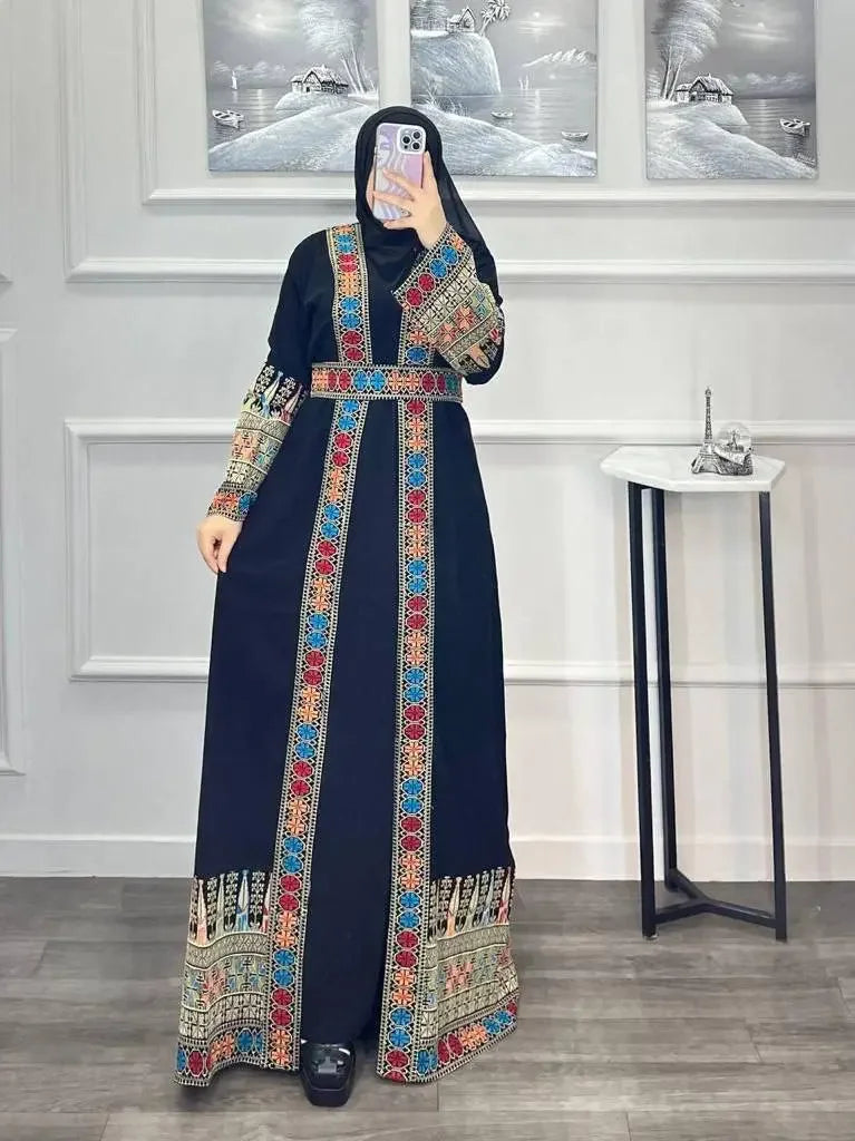 Palestinian Elegance embroidered open abaya with colorful traditional embroidery on black fabric