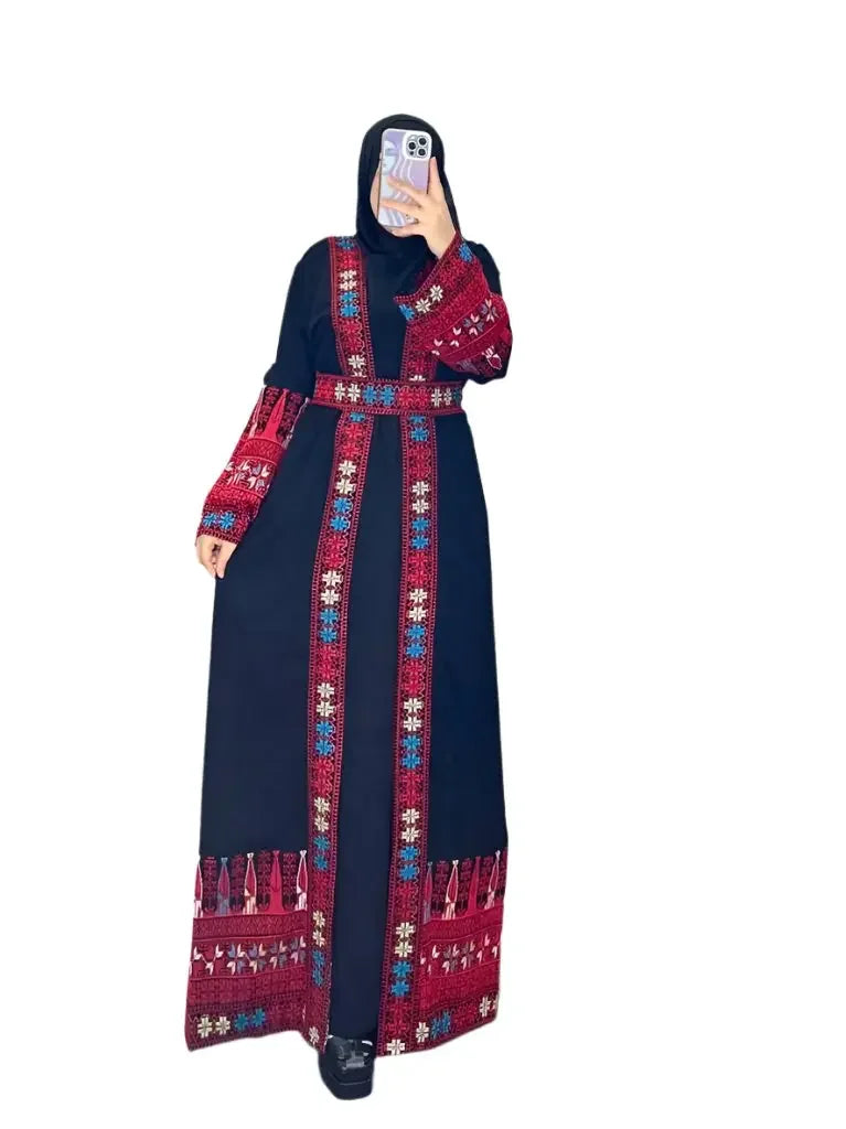 Palestinian Elegance embroidered open abaya in navy with red and blue traditional embroidery details