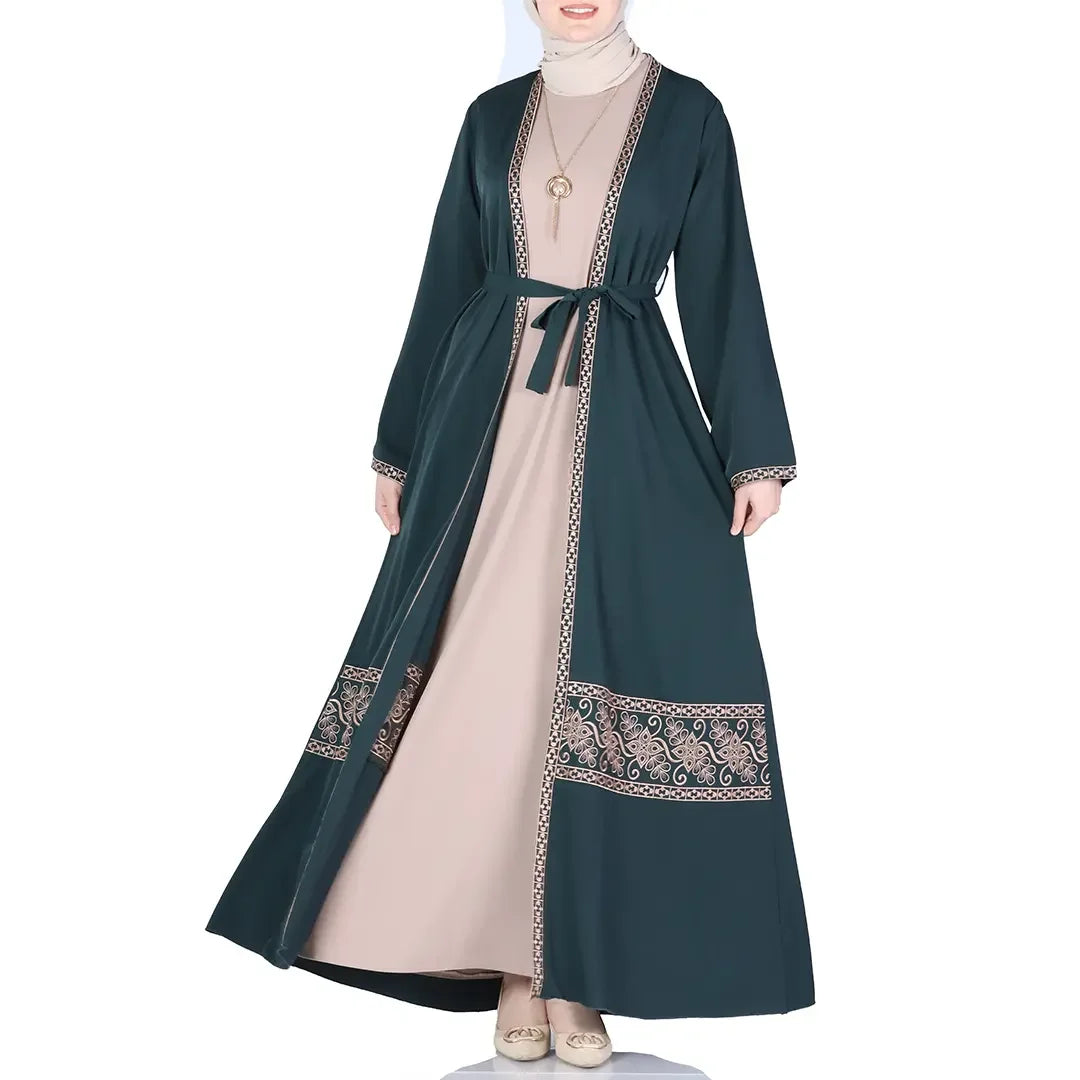Palestinian Elegance embroidered open abaya set in dark green with intricate embroidery and belt