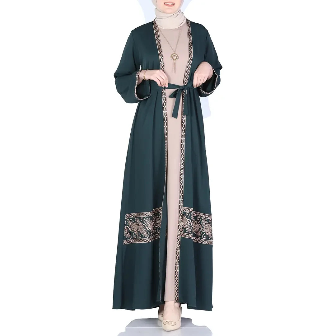 Palestinian Elegance embroidered open abaya set in dark green with intricate embroidery and waist tie