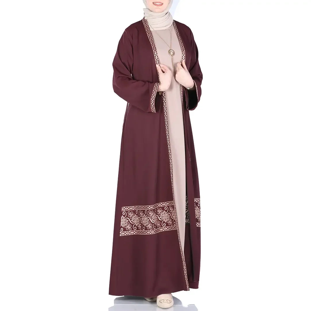 Palestinian Elegance embroidered open abaya set in deep maroon with intricate embroidery on sleeves and hemline