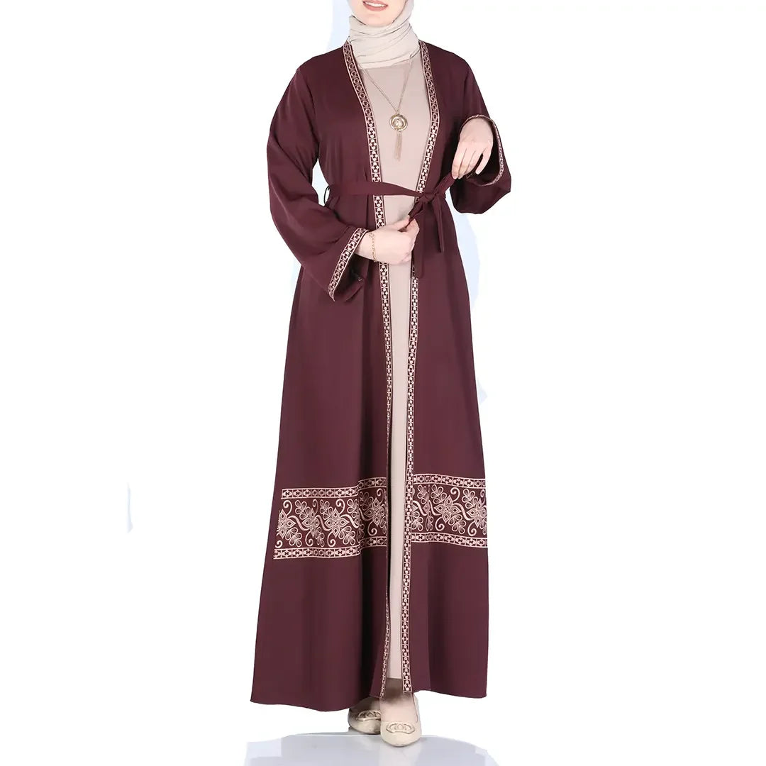 Palestinian Elegance embroidered open abaya set in deep burgundy with intricate sleeve and hem embroidery
