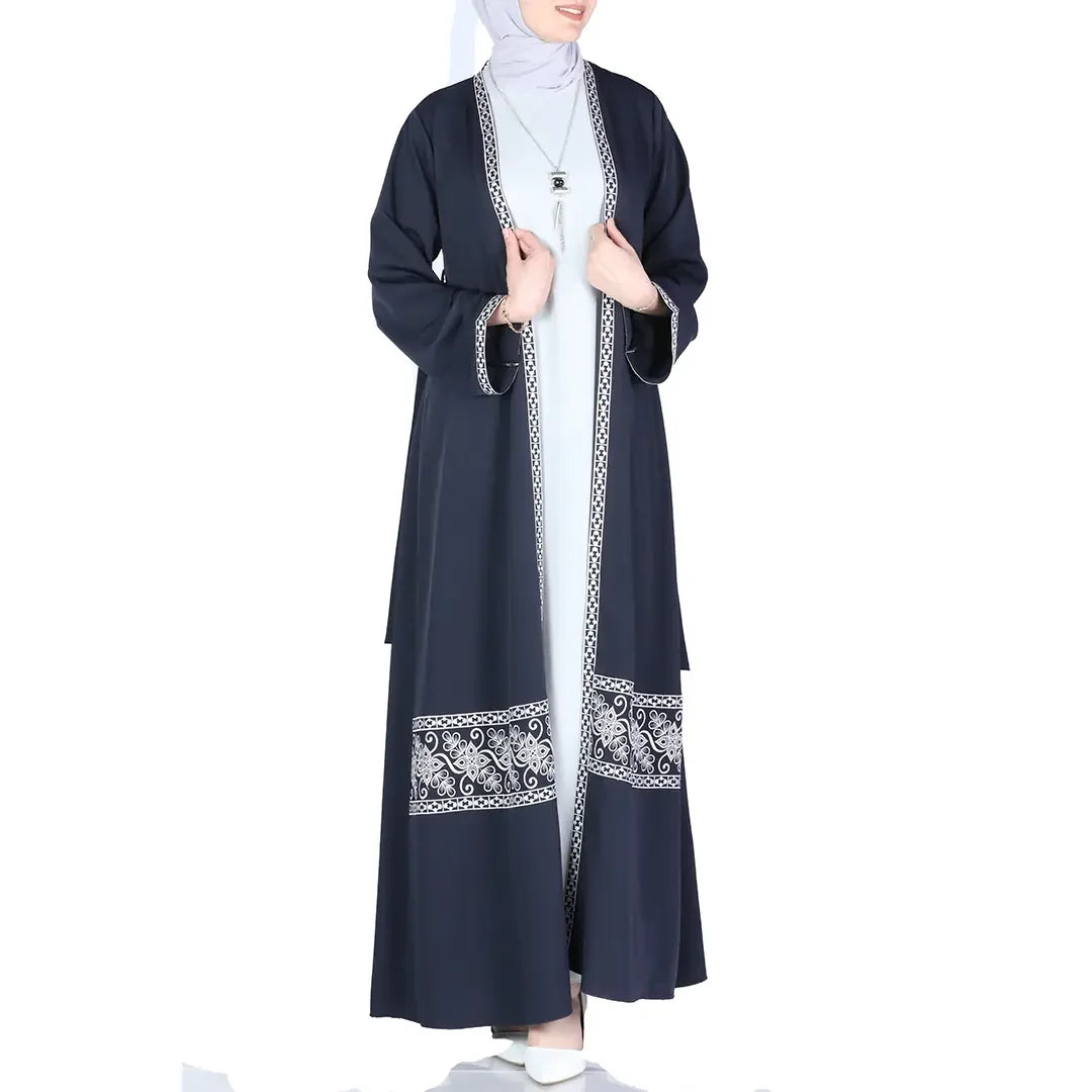 Palestinian Elegance embroidered open abaya set in black with intricate white embroidery on sleeves and hem