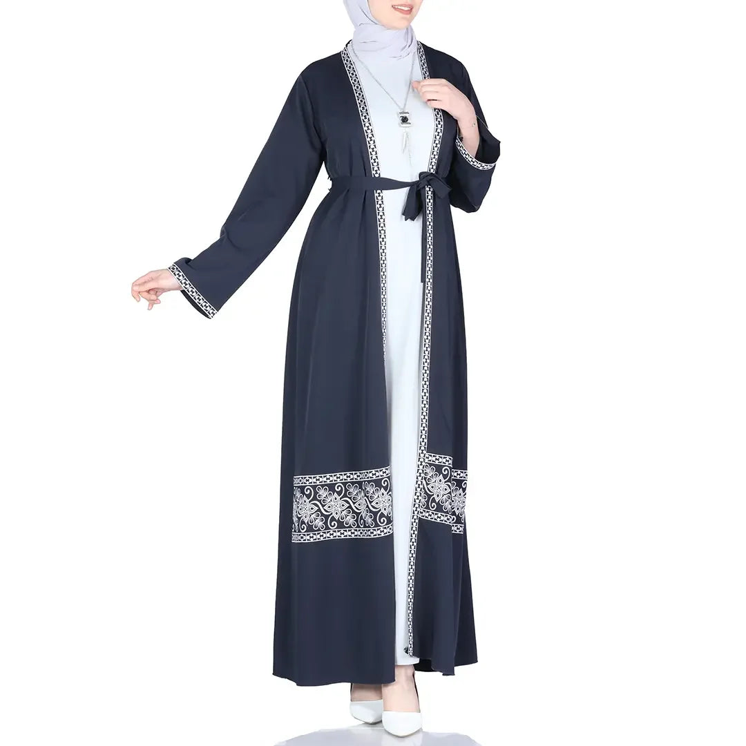 Palestinian Elegance embroidered open abaya set in black with white intricate embroidery and matching belt