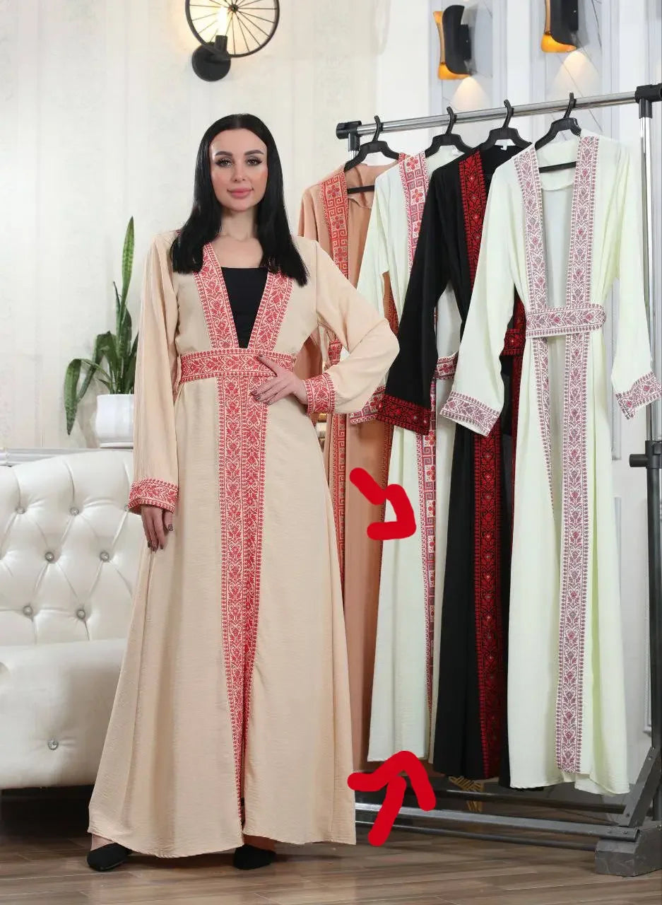 Palestinian Elegance embroidered open cardigan in beige with red traditional embroidery on a model and displayed in various colors