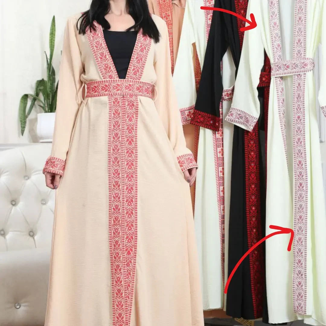 Palestinian Elegance embroidered open cardigan in beige with red traditional patterns and belt detail