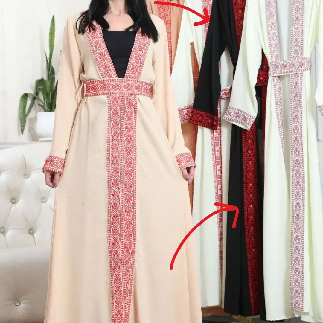 Palestinian Elegance embroidered open cardigan in beige with red embroidery and matching belt displayed with other colors