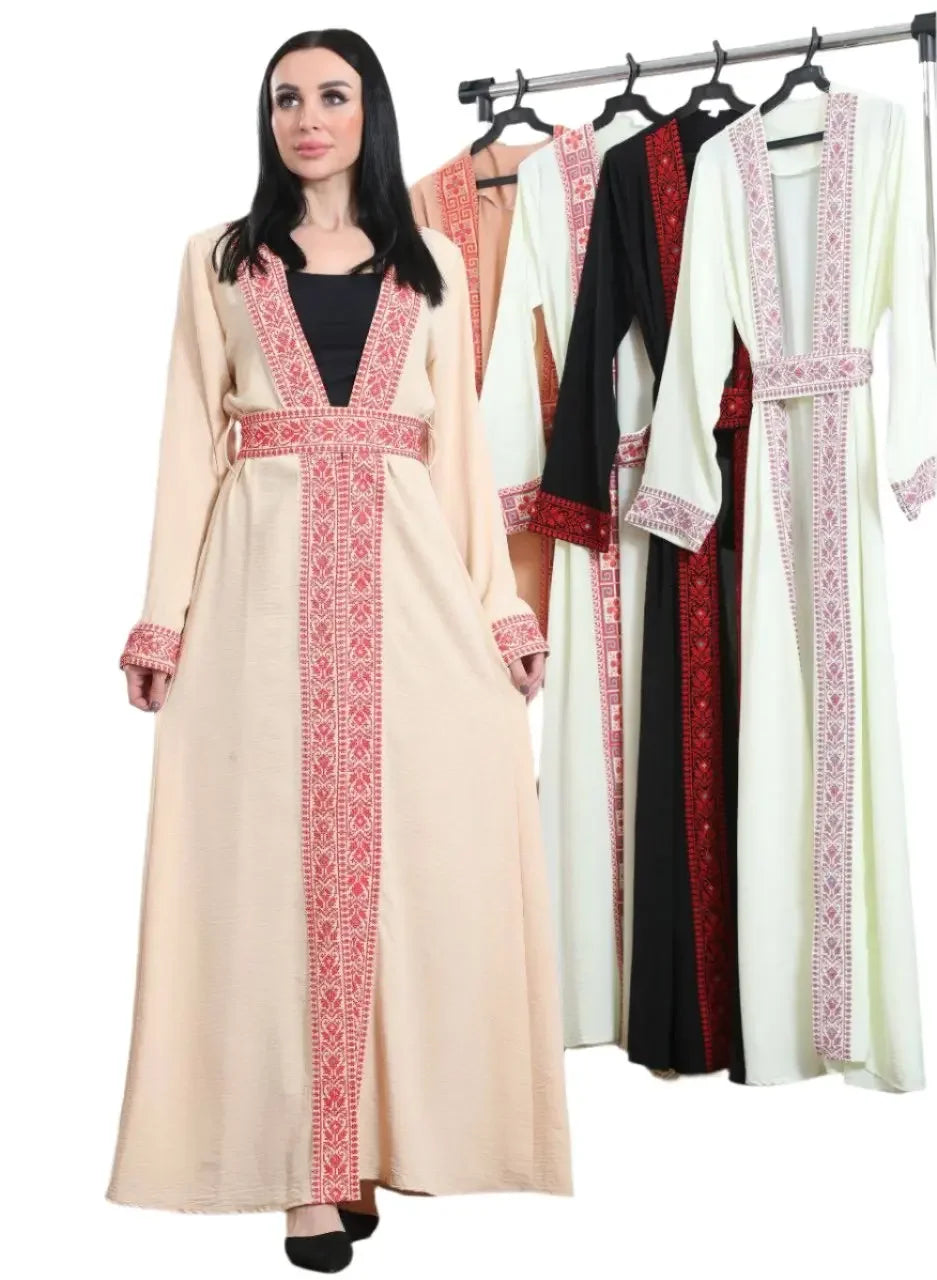 Palestinian Elegance embroidered open cardigan in beige with red traditional embroidery details