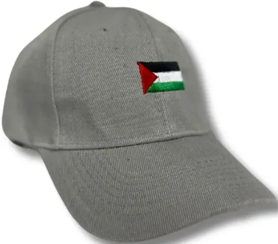 Gray cap with embroidered Palestine flag hat design by Palestinian Elegance