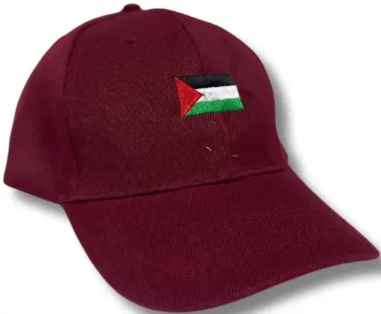 Maroon embroidered Palestine flag hat with adjustable strap by Palestinian Elegance