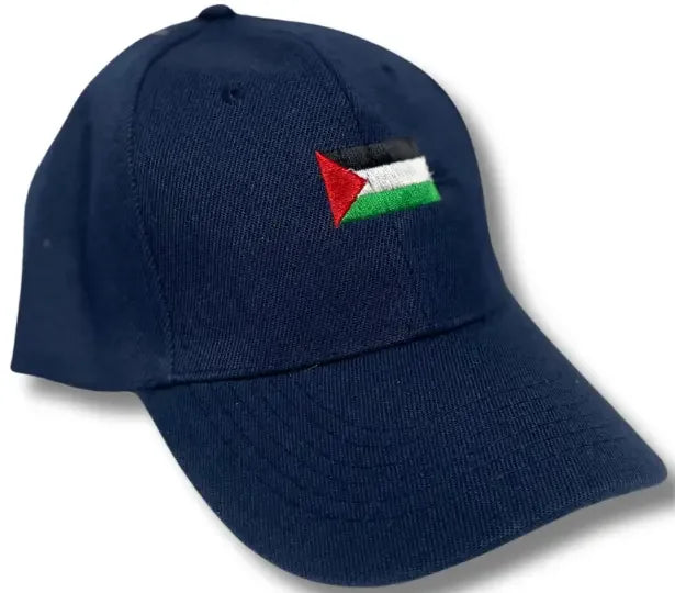 Navy blue embroidered Palestine flag hat with adjustable fit by Palestinian Elegance