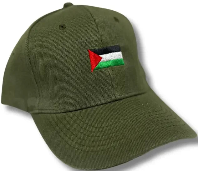 Olive green embroidered Palestine flag hat with red, black, white, and green stitching on front
